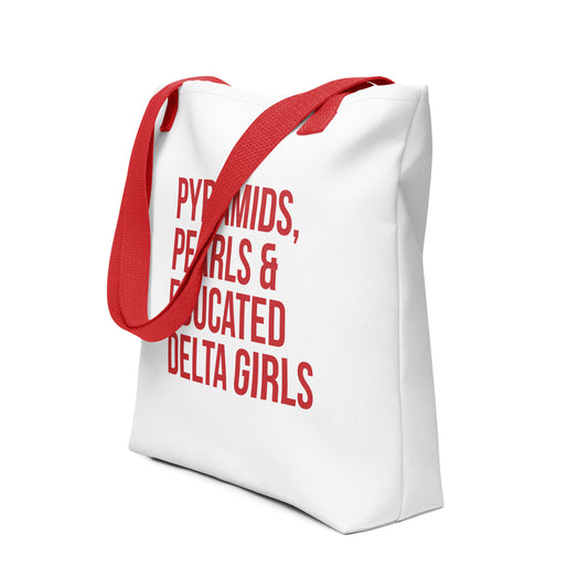 Pyramids Pearls & Educated Delta Girls Tote - White & Crimson