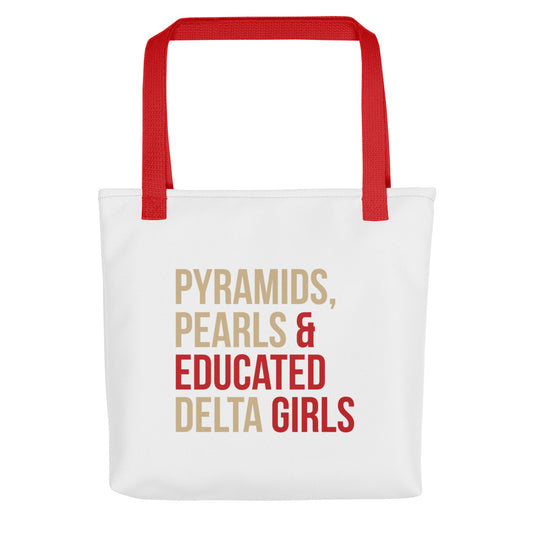 Pyramids Pearls & Educated Delta Girls Tote - White Cream Crimson