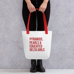 Pyramids Pearls & Educated Delta Girls Tote - White & Crimson