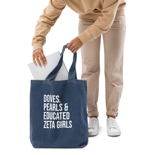 Doves Pearls & Educated Zeta Girls Organic Denim Tote Bag
